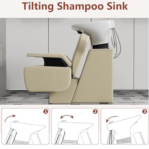 Image of Shampoo Bowl and Chair Set for Salon,Backwash Chair with Adjustable Tilting Porcelain Sink, Salon Hair Washing Station with Ceramic Shampoo Bowl Neck Rest,Beauty Spa Equipment (Light Taupe)
