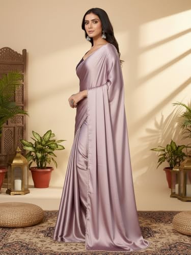 Image of FABIAN FASHION Women's Plain Japan Satin Silk Saree with Pearl Lace Border, Includes Unstitched Matching Blouse Piece - Elegant Saree(AVN 1694)
