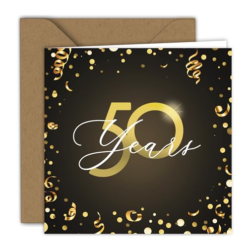 Tarjeta de cumpleaños con texto en inglés '50 años de celebración', tarjeta plegable (15 x 15 cm), con sobre de papel kraft, interior en blanco