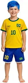 Conjunto Infantil Brasil Número 10, Camiseta Amarela e Shorts Azul, Unissex, Tema Copa do Mundo