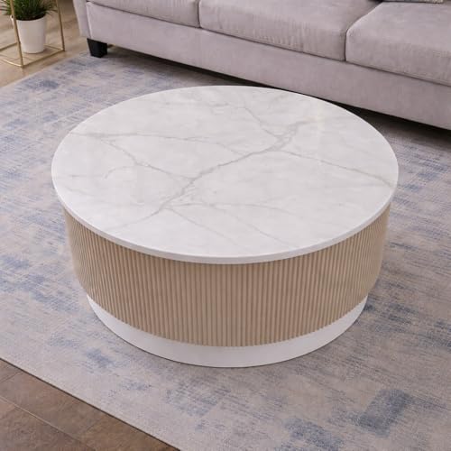 Image of WOODEN SPACE Round Marble-Top Wooden Center Table for Living Room | Modern Entryway Furniture | Coffee Table - 30X30X18 Inch (Beige)