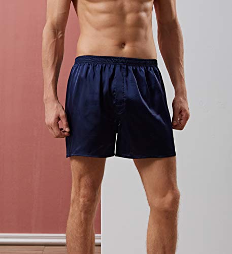 Mens Satin Boxer Shorts Silk Sleep Shorts Silk Boxers Pajama Shorts Bottoms Underwear Button Fly (Dark Blue, X-Large) #TOP1