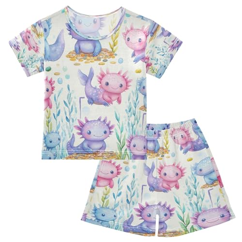 Pajama Sets Short Sleeve Watercolor Cute Axolotl Pattern Soft Cotton Summer Sleepwear 2 Piece PJS Size 5-14T