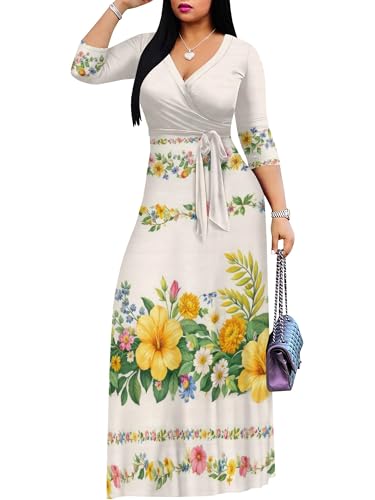 Image of PinkPatty Plus Size Dresses for Curvy Women V Neck Flowy Long Sleeves Wrap Maxi Dress Travel Vacation Outfits