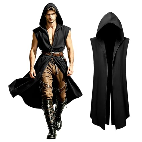 XYFDHJY Medieval Hooded Sleeveless Surcoat Renaissance Tunic Cloak for Halloween Cosplay (Black M)