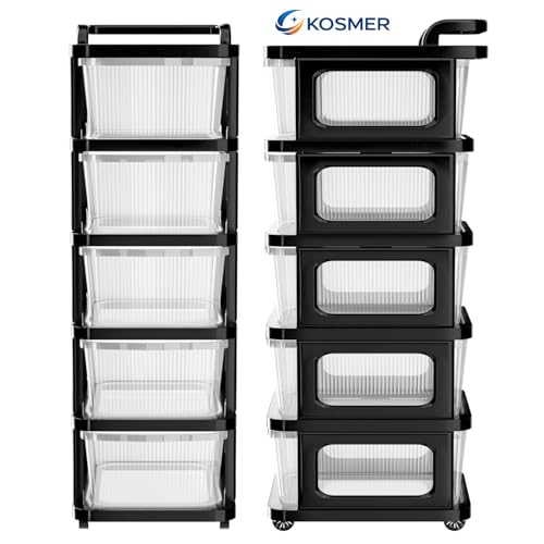 Image of 𝗞𝗢𝗦𝗠𝗘𝗥 𝟱 𝐏𝐀𝐂𝐊 Plastic Rack for Storage Cabinet with Wheels | Multipurpose Storage Almirah Wardrobe for Clothes, Toys, Kitchen Cupboard & Bedroom | Plastic Organizer with Transparent Doors