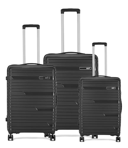 Image of VIP Matrix Hard Shell Trolley Luggage, 8 Wheels, PP Material with Flushed Combi Lock, Anti-Theft Zip (Black, Set of 3 (Cabin, Medium, Large))