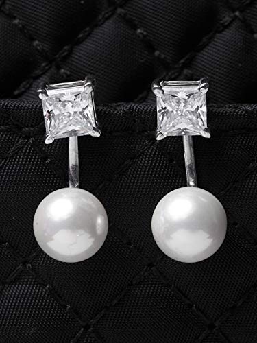 Image of CLARA 925 Sterling Silver Pearl Earrings Gift for Women & Girls | Swiss Zirconia | Screw Back | Minimal Daily Wear | Platinum Plated