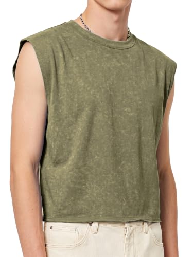 PLEPAN Men's Cropped Streetwear Fashion Cotton Tank Tops Cut Off Muscle Shirts Workout Gym Tee Olive XX-Large — view 2