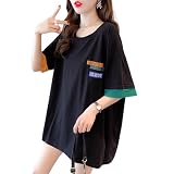 [Shanique] tシャツ レディース 半袖 トップス 配色 カットソー 夏 春 大きいサイズ 五分袖 おしゃれ 前後 刺繍 英字 ロゴ 可愛い 丸首 カジュアル きれいめ ゆったり オーバーサイズ ストリート 5部袖 綿 薄手 白 黒 韓国 ユニセックス