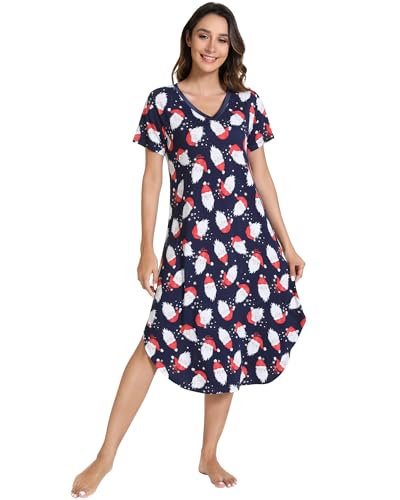 Image of NACHILA Nightgowns for Women-Viscose Made from Bamboo, V Neck Sleepshirts Short Sleeve Sleepwear Cool Nightshirt