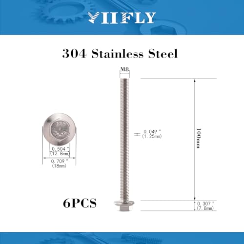 Image of M8x1.25 x 100mm Flanged Hex Head Bolts, 304 Stainless Steel (A2-70), Bright Finish, Fully Threaded, Hexagon Head Flange Bolts, Quantity 6