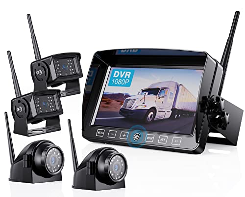ZEROXCLUB Wireless Backup Camera Kit with 7'' DVR Quad Split Monitor, 1080P FHD Rear Side View Camera, IP69 Waterproof + Parking Lines Reversing Cameras for Truck/Semi-Trailer/Box Truck/RV-B4C