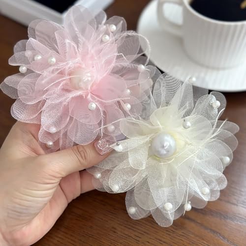Image of Large Silk Camellia Flower Lapel Brooch Pin for Women Girls Handmade Fabric Rose Flower Floral Feather Faux Pearl Brooches Pins Dainty for Wedding Party Dance Suit Dress Accessories Jewelry Gifts