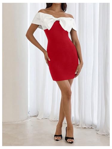 Image of Floerns Women's Off Shoulder Short Sleeve Mini Dress Bow Front Bodycon Dresses