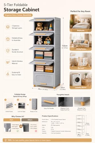 Image of EXVITO 1+2 Door Kids Plastic Wardrobe for Clothes, Foldable Plastic Almirah for Clothes, Collapsible Wardrobe for Storage, Baby Cupboard for Clothes, Storage Rack for Kids - (Grey, 5 Tier)