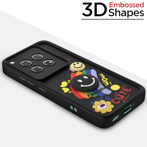 Image of Pikkme Back Cover for OnePlus 12 5G | Soft Silicone| Cute Rainbow Smile & 3D Cartoon Flower Design | Shockproof Raised Camera Protection Bumper Case (Black)
