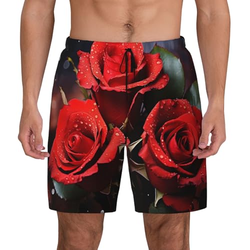 Men's Swim Trunks Quick Dry Board Shorts Romantic Red Roses Beach Shorts with Pocket Bathing Suits for Men