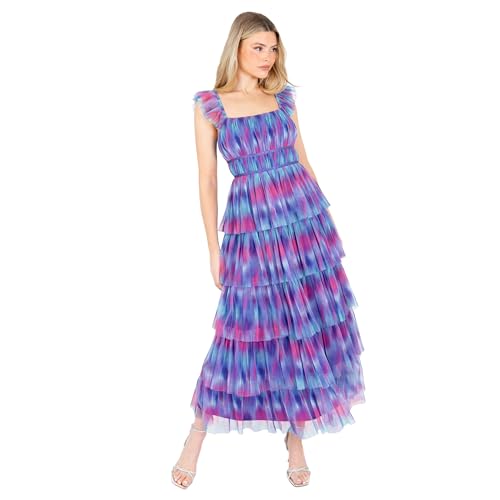 Image of Anaya with Love Women's Midaxi Dress Ladies Square Neck Cap Sleeve Recycled Abstract Watercolour Print A-line Tulle Tiered Hemline, Multicoloured 14