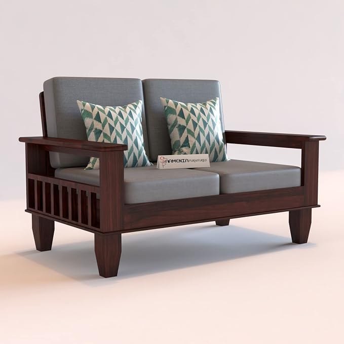 Image of Sheesham Wooden 2 Seater Sofa for Living Room | Rosewood 2 Seater Cushion Sofa with Side Newspaper Holder for Home & Office | Solid Wood Sofa Set for Lounge (Mahogany Finish)