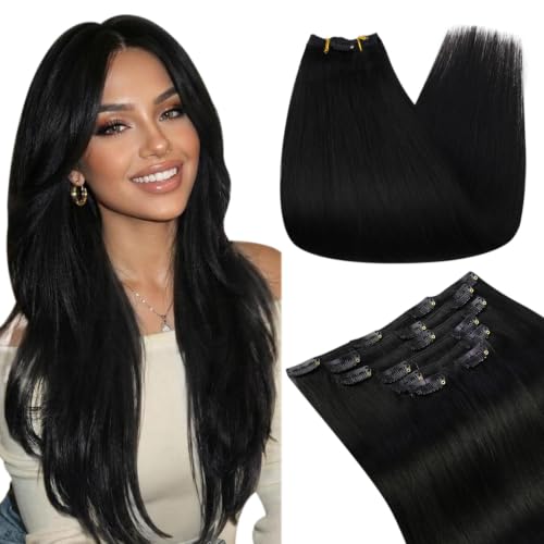 Image of Ugeat Human Hair Clip in Extensions Jet Black 14 Inch 7pcs 105g Softness
