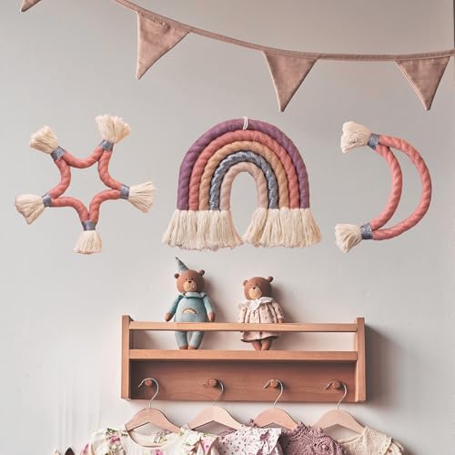 Image of BLISSOM 3Pcs Large Macrame Rainbow Wall Hangings-Rainbbow Moon Star, Boho Wall Decor Room Decor for Baby Girl Teen Girls in Living Room and Nursery
