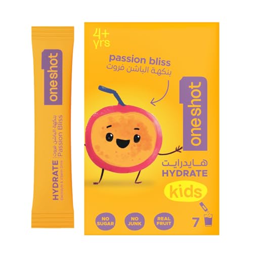 oneshot Kids Hydration | No Sugar No Junk No Aftertaste | 6 Electrolytes + 4 Vitamins + Zinc | Passion Bliss | 7 Sticks