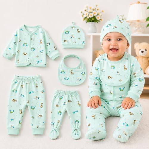 Image of First Kick Presents New Born Baby Summer Wear Baby Clothes 5Pcs Sets 100% Cotton Baby Boys Girls Unisex Baby Cotton /Summer Suit Infant Clothes First Gift for New Born Baby