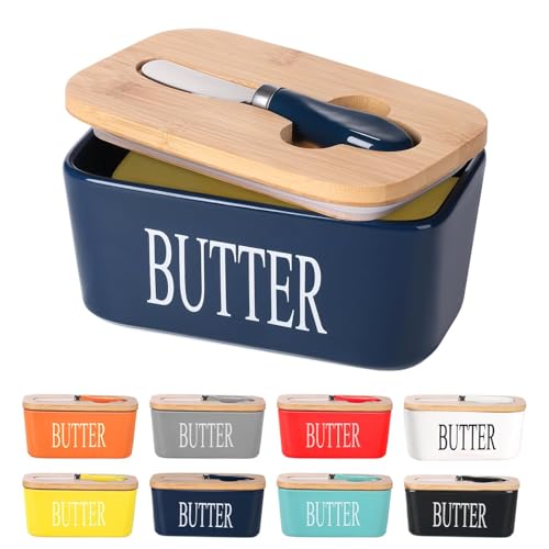Image of Ceramic Butter Dish with Wooden Lid and Stainless Steel Knife, Large Butter Container Keeper with Bamboo Cover and Silicone Sealing Ring for West and East Coast Butter (Blue)