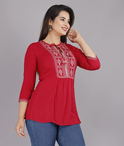 Image of Shiva Fab Short Kurti for Women | Embroidered Straight Rayon Kurta | Round Neck Full Sleeves Short Kurti for Women's