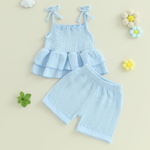Toddler Girls Summer Clothes Tie-Up Smocked Camisole Ruffle T Shirt Top Shorts Clothing Set Beach Essential2