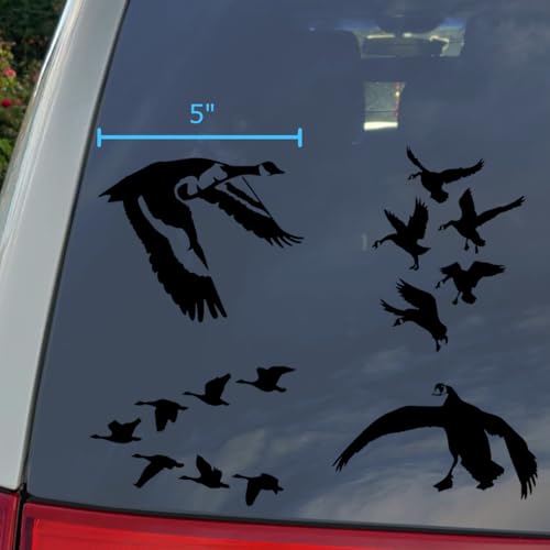 Image of Goose Decal 4 Pack: Detailed Goose Flying, Waterfowl Geese Flying V Formation, Canadian Geese Landing, Goose Flapping Wings (Black, Large ~5 inch)