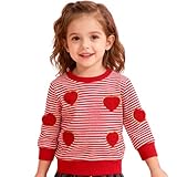 Generisch Mädchen Langarm-Sweatshirt mit Rundhalsausschnitt Herzstickerei im Streifendesign – lässiges Pullover-Top für den Alltag (Red, 2-3 Years)