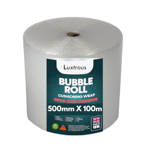 LUXTROUS Bubble Wrap for Moving House (500mm x 100m) Quality Premium Bubble Wrap Roll Office and Industrial Use Lightweight Durable and UK Manufactured