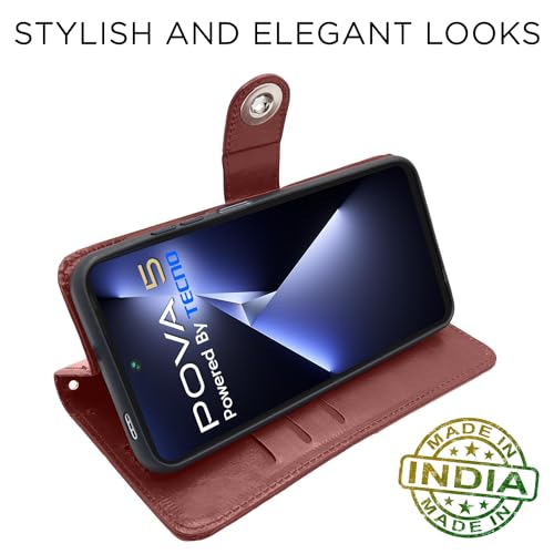 Image of Pikkme Tecno Pova 5 / Tecno Pova 5 Pro 5G Flip Cover Leather Finish | Inside TPU with Card Pockets | Wallet Stand and Shock Proof | Complete Protection Button Flip Case (Brown)