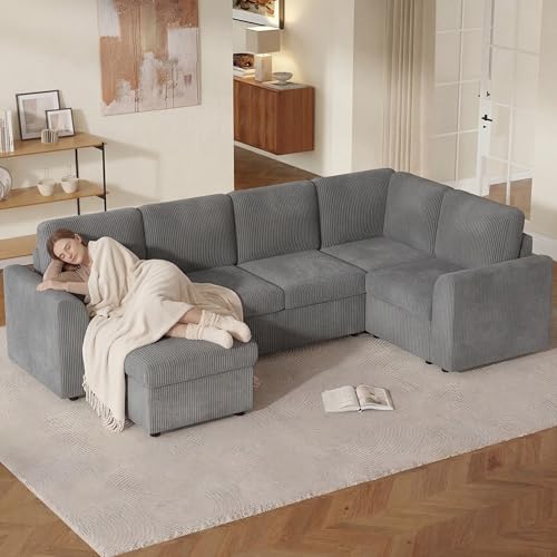 Canapé panoramique modulable en U 282 cm avec Repose-Pieds Multifonctionnel, 6 Places Grand canapé Convertible, Assise Profonde, Mousse Haute densité,...
