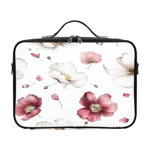 zyrtty Travel Makeup Train Case White Red Flower Pattern Cosmetic Organizer Portable Storage Bag with Adjustable Dividers for Cosmetics Brushes Toiletry Jewelry Digital Accessories