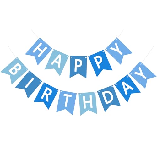 Image of Happy Birthday Banner Sign, Birthday Garland Wall Door Hanging Banners Flag for Women Men Boys Girls Party Backdrop Decorations, Personalized Name Banner White Letters Blue and Light Blue
