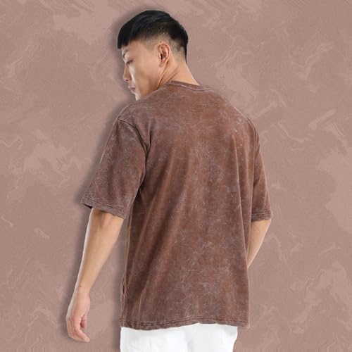 Image of fanideaz Mens 240 GSM Heavy Cotton Acid Wash Oversize T-Shirt Half Sleeve Round Neck Drop Shoulder Oversize Fit