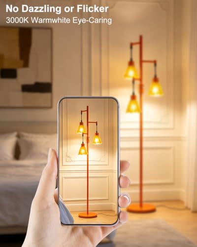 Image of Lightdot 67 inch Glass Floor Lamps for Living Room, 3-Light Dimmable Floor Lamp with Orange Glass Shade& Bulbs Included, Mid Century Standing Tall Lamp with 5Lbs Heavy Base for Bedroom /Sofa Beside