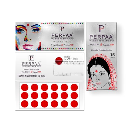 Image of PERPAA Premium Velvet Sticker Kumkum Bindi Box of 15 Flaps - Pottu for Women,Ladies, Girls (Size 02, Diameter 13mm, Red)