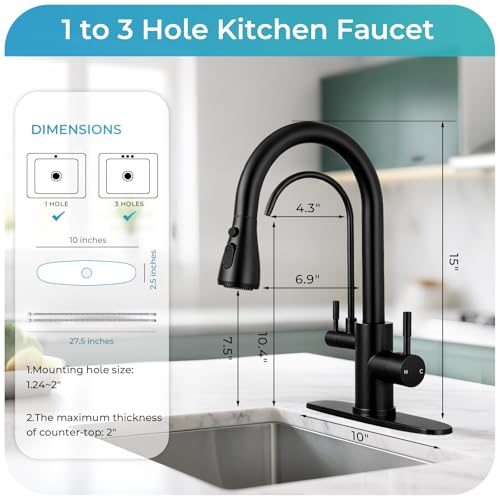Image of Kitchen Faucets with Water Filter - Matte Black 2 in 1 2-Handle Kitchen Faucet with Pull Down Sprayer, High Arc Stainless Steel Pull Out Kitchen Sink Faucet with Deck for 1 or 3 Hole
