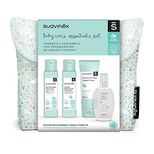 SUAVINEX Neceser Tela de Viaje para Bebés con Baby Cologne, Loción Hidratante, Crema Pañal y Gel-Champú Espumoso. Formato Viaje, 4 Productos, Azul (401301)
