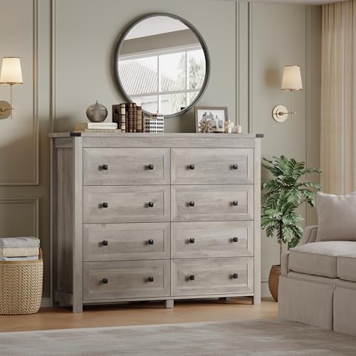 Image of BORNOON Tall 8-Drawer Dresser, Modern Wooden Storage Chest of Drawers, Dresser TV Stand, Wood Drawer Organizer with Metal Handles for Bedroom, Living Room, Hallway