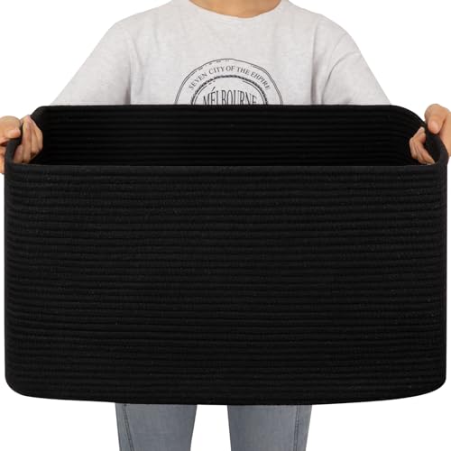 Image of OIAHOMY 75L Large Blanket Basket, Storage Baskets with Handle, Rectangle Woven Cotton Rope Basket, Toy Organizer Bins, 22" x 17"x 12" in,Charcoal Black