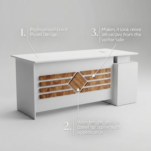 Image of FFO Executive Office Desk with Side Storage Cabinet, Modern Computer Table for Office & Home, Spacious Workstation with Cable Management Hole, White & Walnut Finish Study Table for Laptop, PC & Work