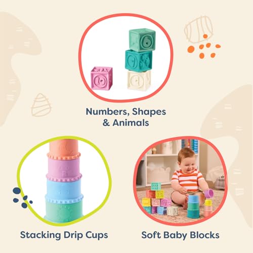 Image of B. toys Soft Baby Blocks & Stacking Drip Cups, Stackin' Squishies | 17-piece sensory baby toy set with soft blocks and drippy stacking cups featuring numbers, shapes and animals, 6+ Months