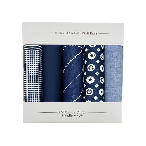 5 Pack Handkerchief Mens Cotton Luxury Hot Silver Gift Box Set, Vintage 40x40cm Fancy Design Pocket Square Hankie Gift Pack(Navy)