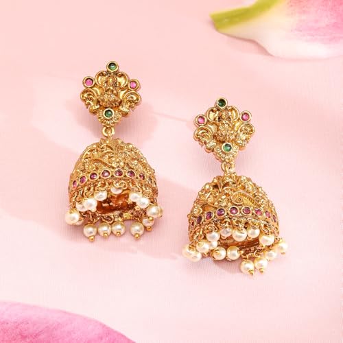 Image of Rubans 22K Gold-Plated Ruby Pink, Emerald & CubicZicronia Divine Lakshmi Temple NecklaceSet
