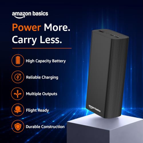 Image of Amazon Basics 27000 mAh Power Bank, 65W Fast Charging, Outputs (2 Type C & 1 USB) PD3.0, for iPhone, Android, Laptop, Tablets, Earbuds, Flight Friendly, Metallic Body (Black)
